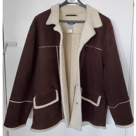 EUC Mens Y2K Brown Sherpa-Lined Faux Suede Coat Old Navy Sz XL Heritage Workwear - Picture 3 of 12